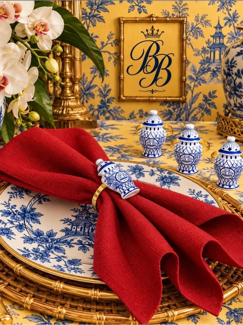 Blue White Chinoiserie Ginger Jar Napkin Rings Set of 4
